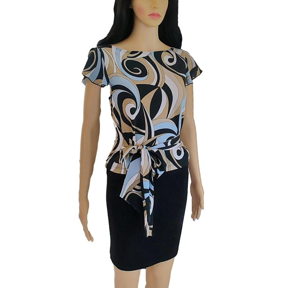 Abstract Multicolor Ruffle Belted Top M - Picture 6 of 12